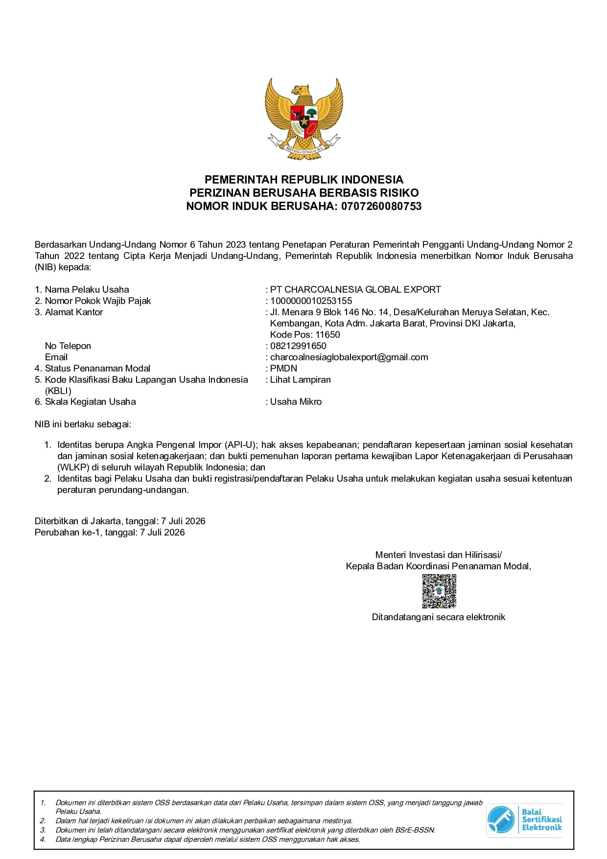 NIB – Business Identification Number
