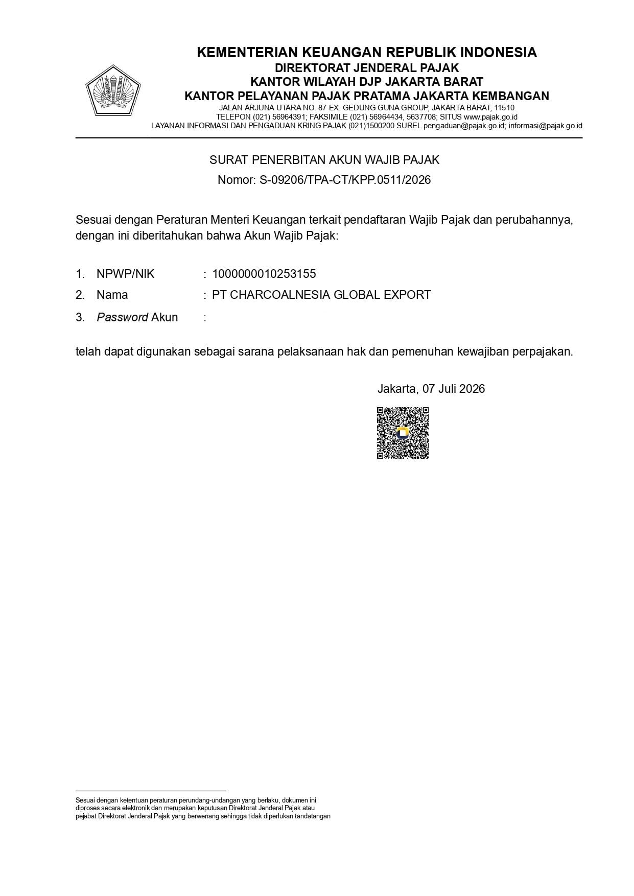 Taxpayer Account Registration Letter
